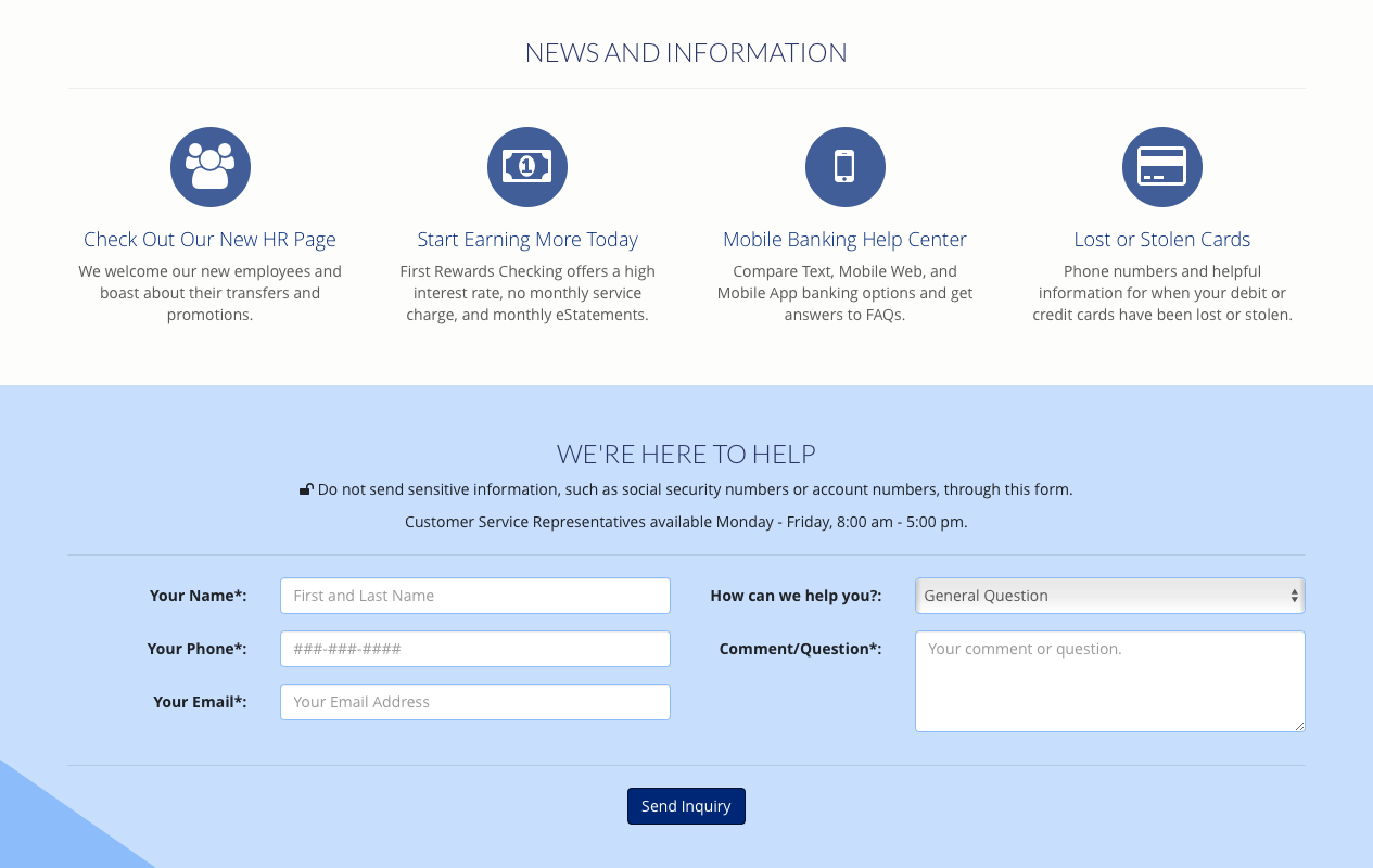 First State Bank Contact Form on Homepage Screenshot